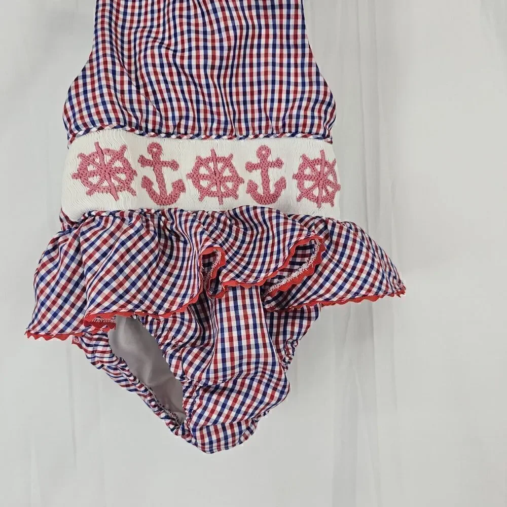 Stitches Of Faith Red White Blue Anchor Smocked Toddler Girl Size 3T Swimsuit